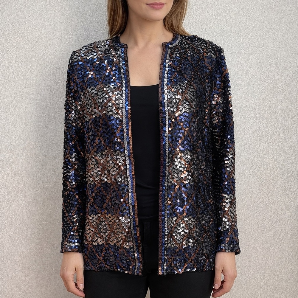 Vintage Sequin Cardigan Jacket Party Collectibles 1990s Black Blue Size Medium